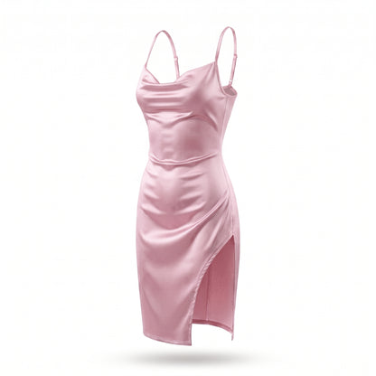 Satin Cowl Neck Ruched Side Slit Mini Dress