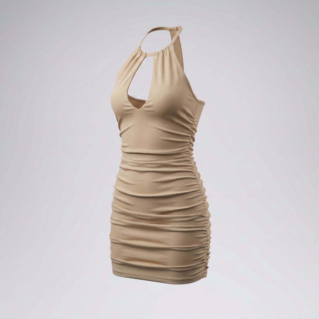 Halter Neck Front Cutout Ruched Bodycon Mini Dress
