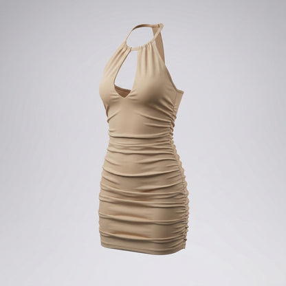 Halter Neck Front Cutout Ruched Bodycon Mini Dress