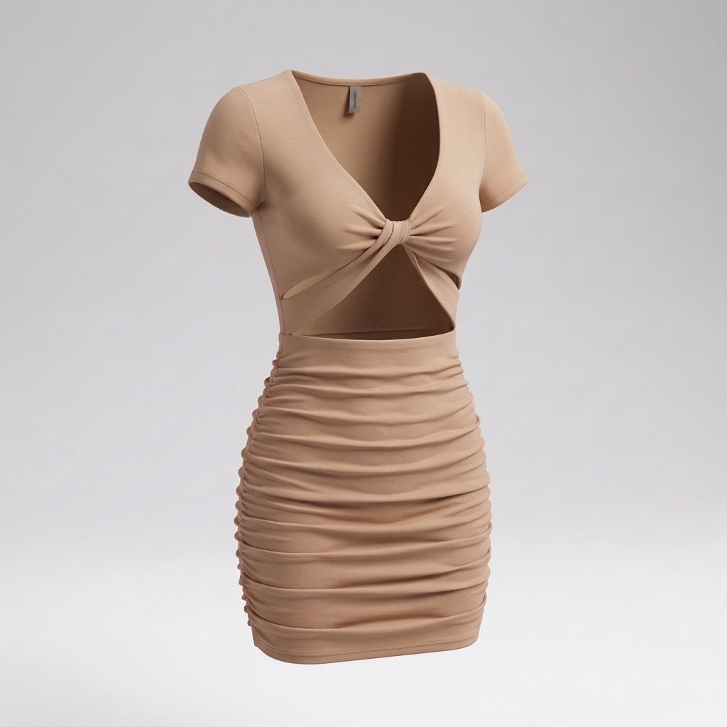 Short Sleeve Twist Front Cutout Ruched Mini Dress
