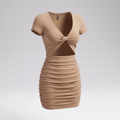 Short Sleeve Twist Front Cutout Ruched Mini Dress