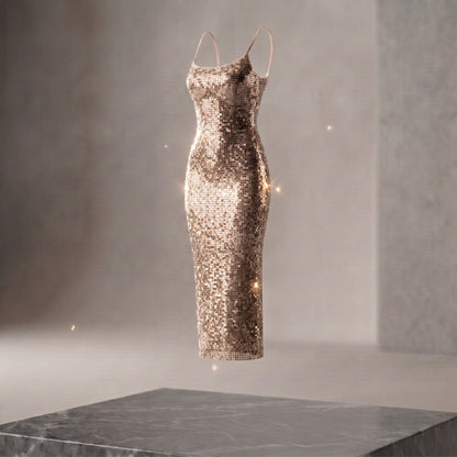 Spaghetti Strap Glitter Bodycon Midi Dress