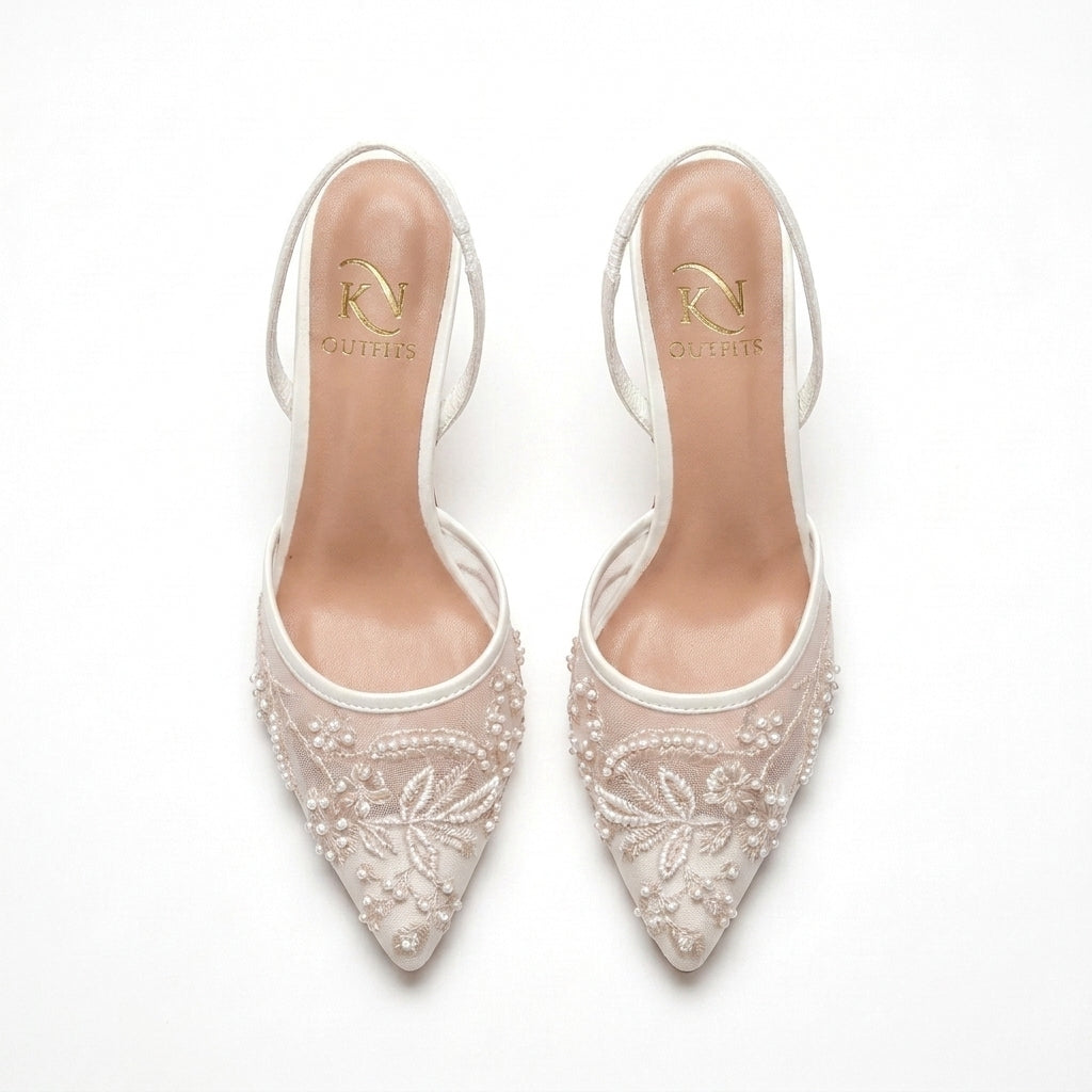 Estelle Embroidered Floral Mesh Slingback Heels