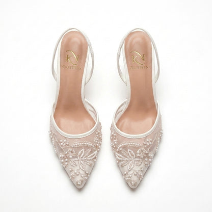 Estelle Embroidered Floral Mesh Slingback Heels