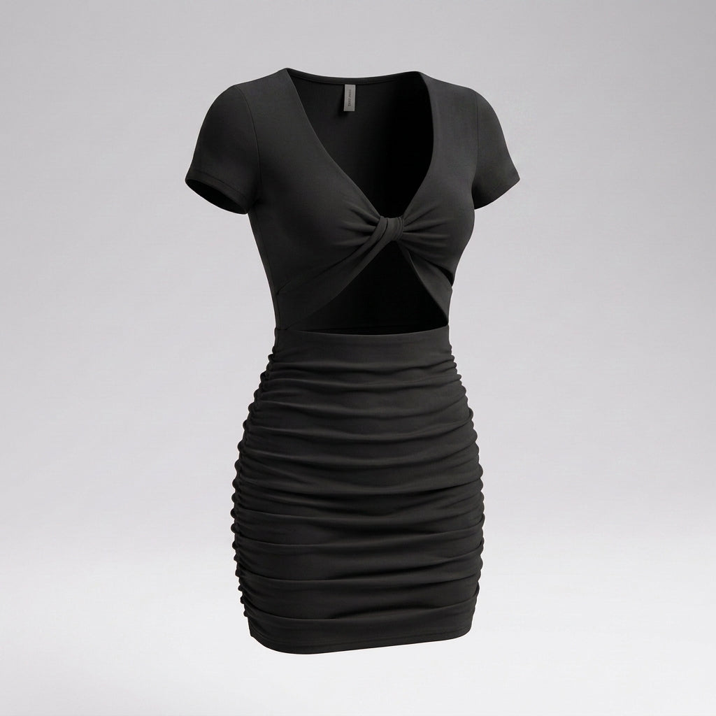 Short Sleeve Twist Front Cutout Ruched Mini Dress