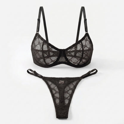 Embroidered Mesh Underwire Bra and Panty Set