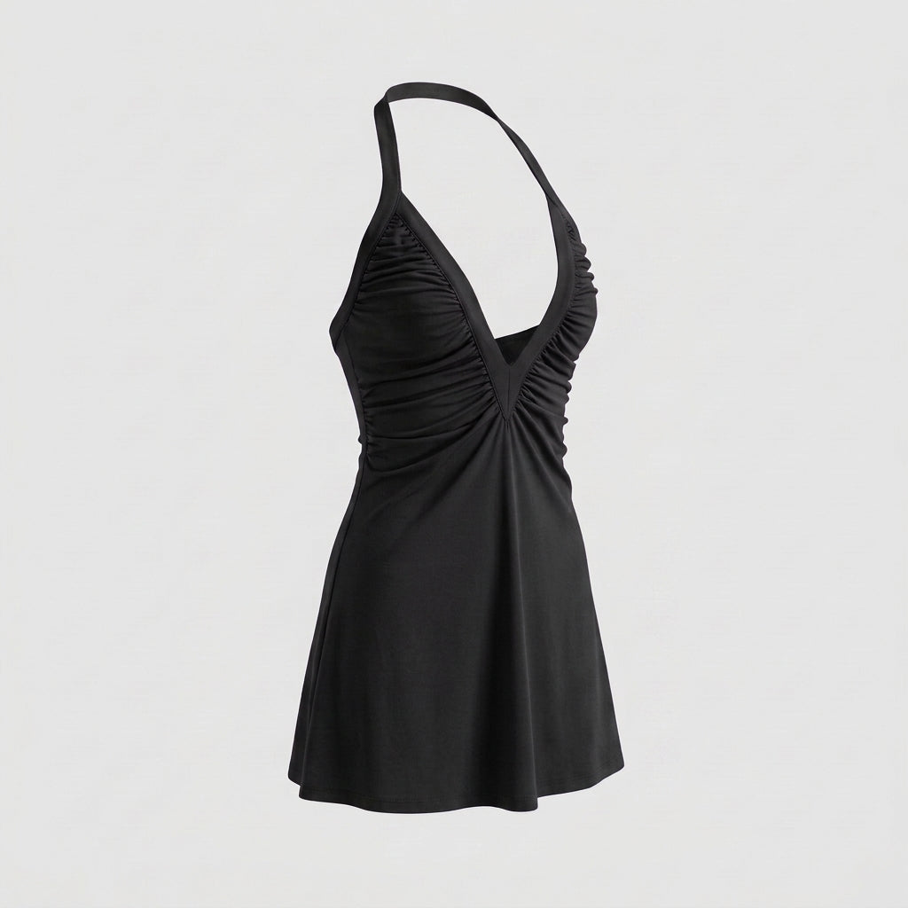 Deep V Neck Halter Ruched Bodycon Mini Dress