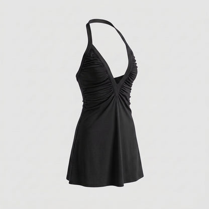 Deep V Neck Halter Ruched Bodycon Mini Dress