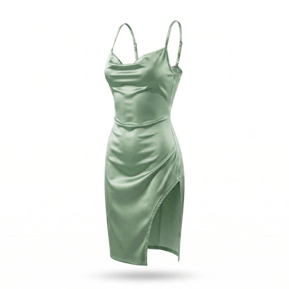 Satin Cowl Neck Ruched Side Slit Mini Dress