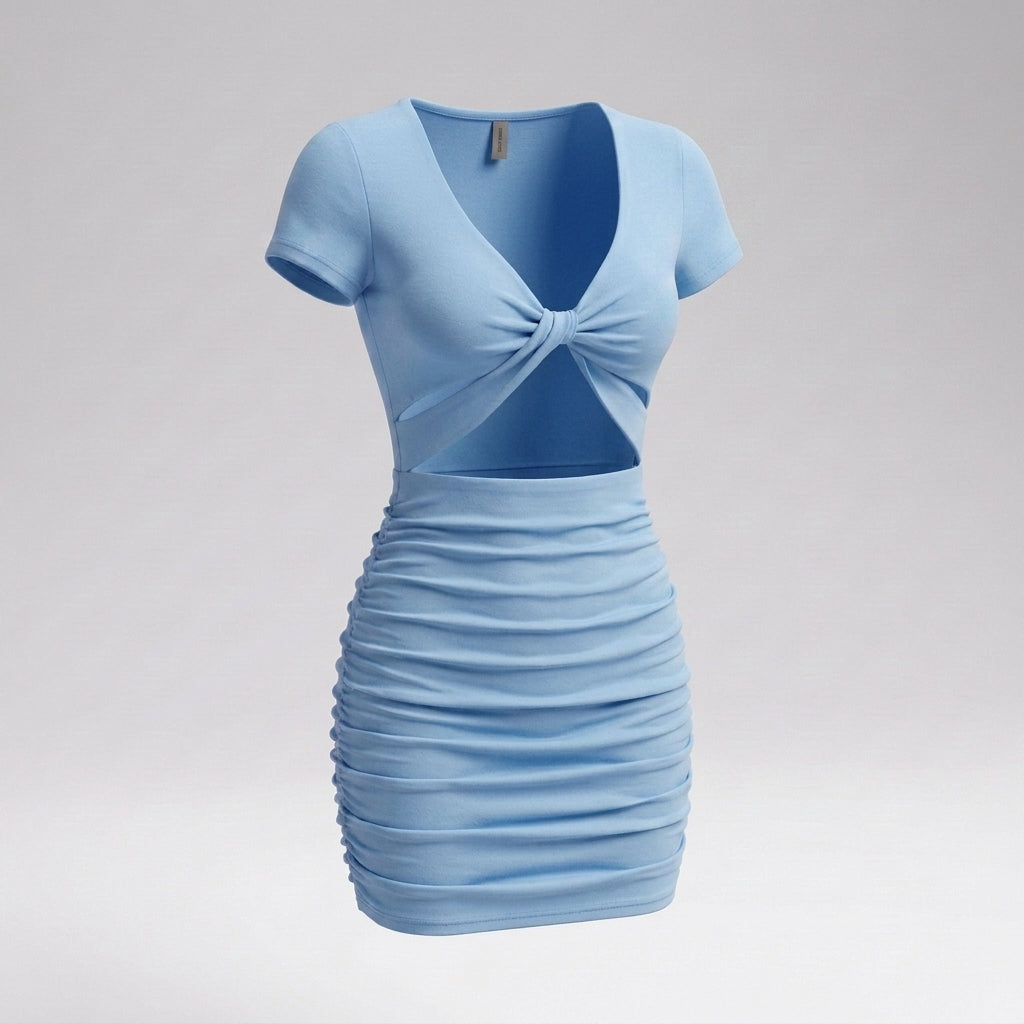 Short Sleeve Twist Front Cutout Ruched Mini Dress