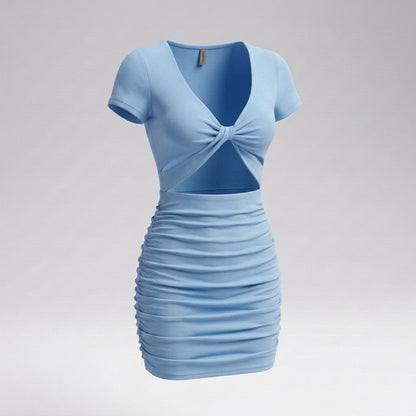 Short Sleeve Twist Front Cutout Ruched Mini Dress