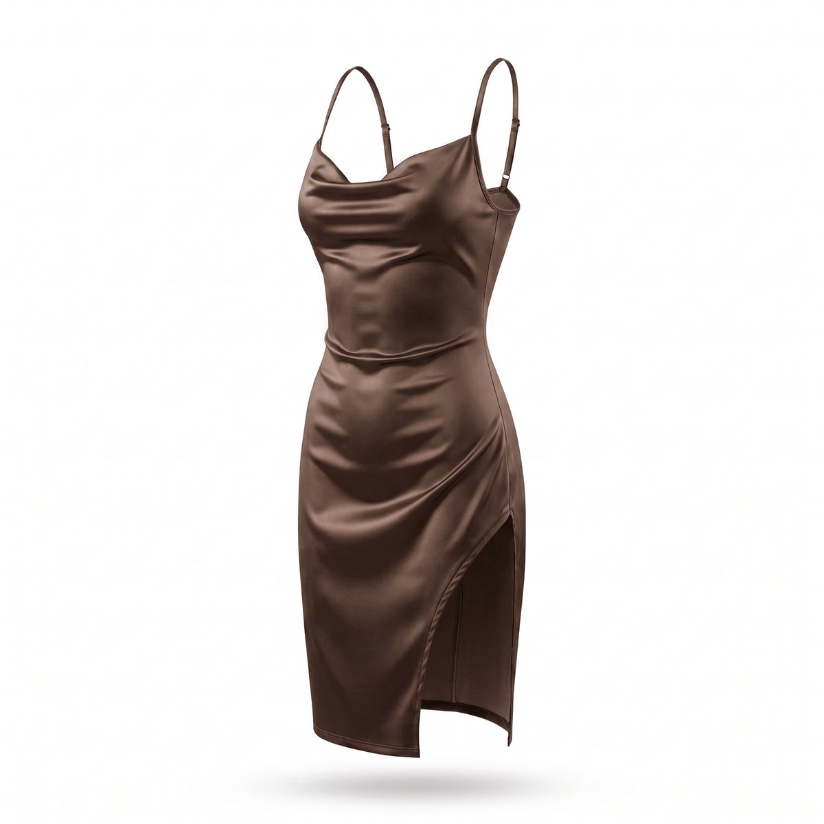 Satin Cowl Neck Ruched Side Slit Mini Dress