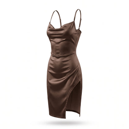 Satin Cowl Neck Ruched Side Slit Mini Dress