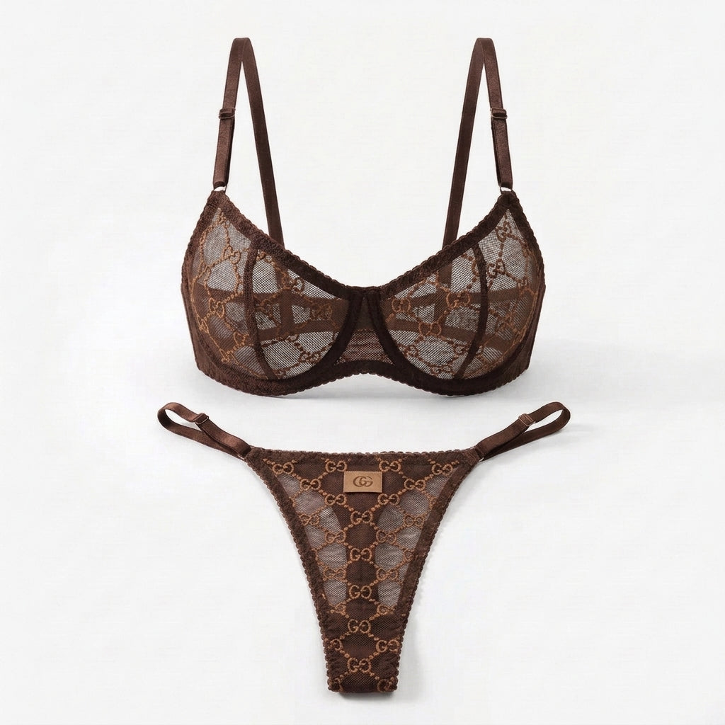 Embroidered Mesh Underwire Bra and Panty Set