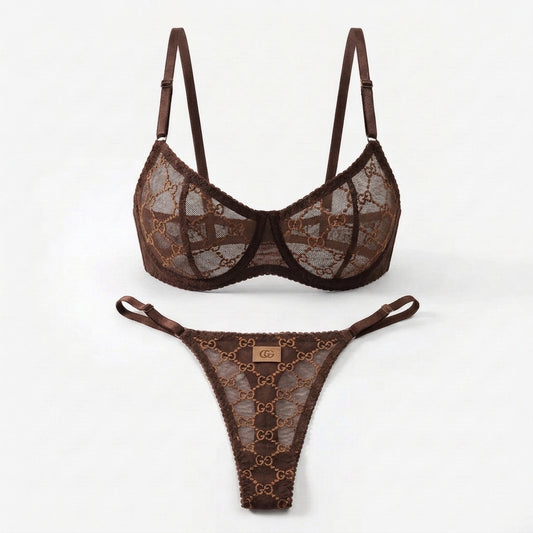 Embroidered Mesh Underwire Bra and Panty Set