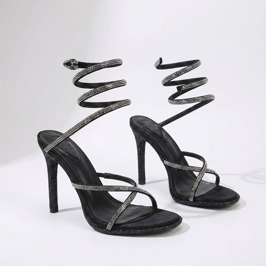 Medusa Rhinestone Spiral Wrap Around Stiletto Sandals