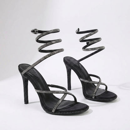 Medusa Rhinestone Spiral Wrap Around Stiletto Sandals