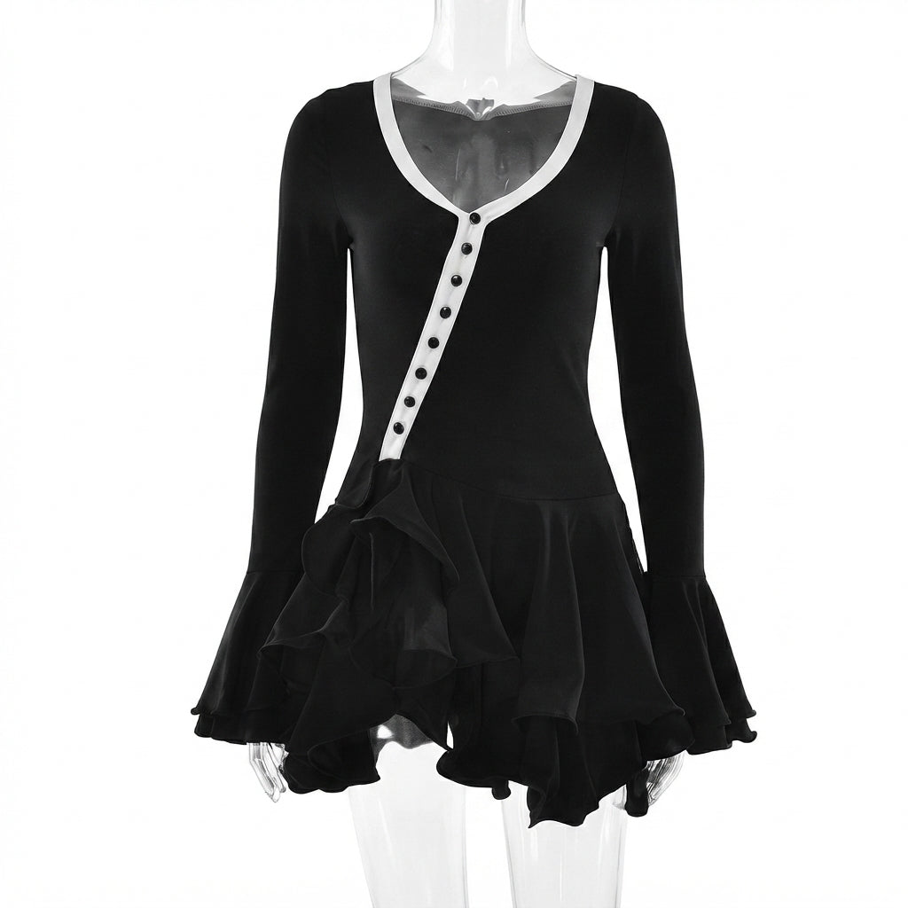 Long Sleeve Scoop Neck Button Detailed Ruffle Mini Dress