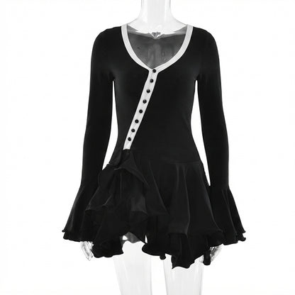 Long Sleeve Scoop Neck Button Detailed Ruffle Mini Dress