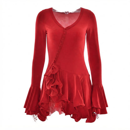 Long Sleeve Scoop Neck Button Detailed Ruffle Mini Dress