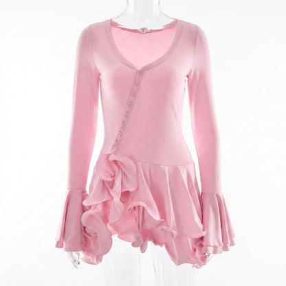 Long Sleeve Scoop Neck Button Detailed Ruffle Mini Dress