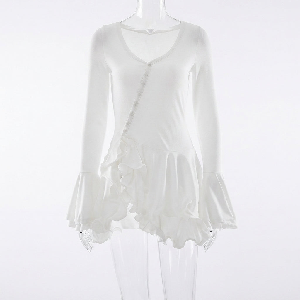 Long Sleeve Scoop Neck Button Detailed Ruffle Mini Dress