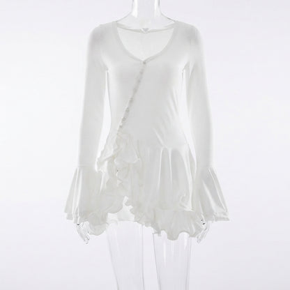 Long Sleeve Scoop Neck Button Detailed Ruffle Mini Dress