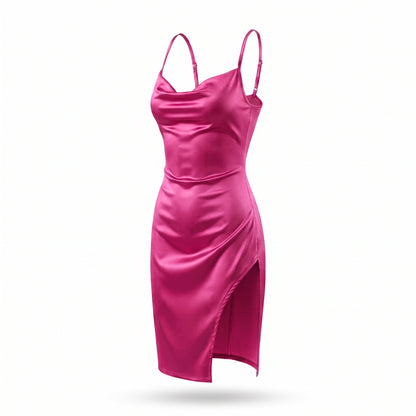 Satin Cowl Neck Ruched Side Slit Mini Dress