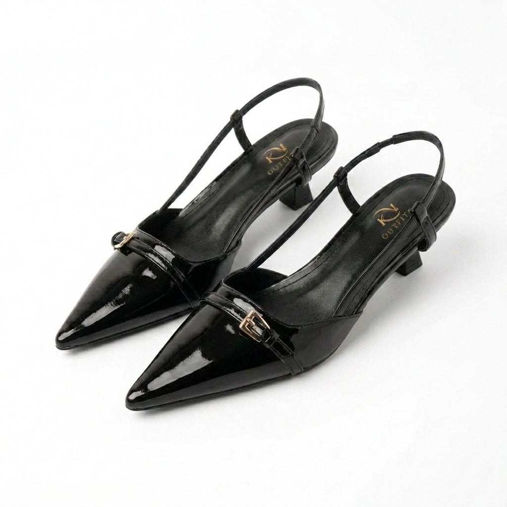 Sienna Patent Pointed Toe Buckle Slingback Kitten Heels