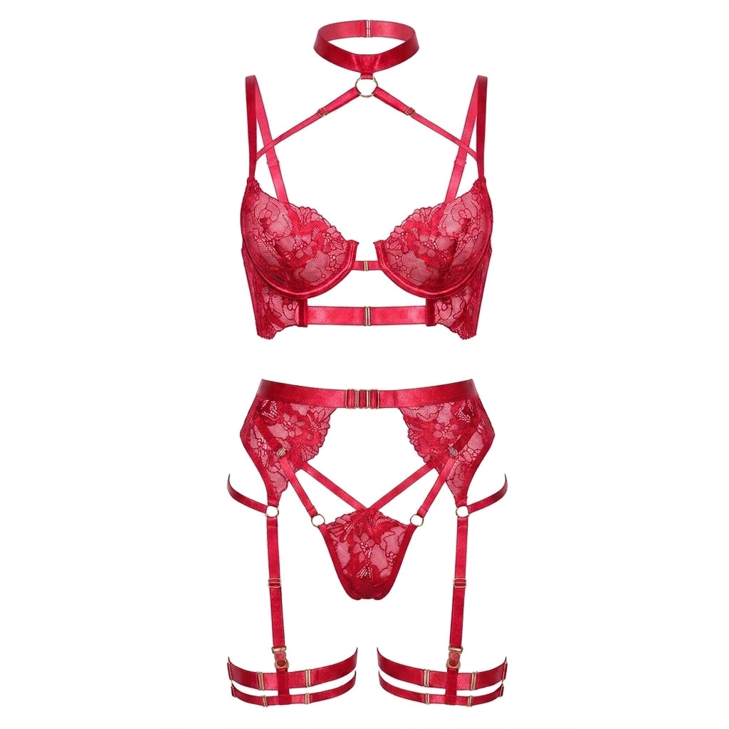 Embroidered Criss Cross Mesh Lingerie Set 4 Piece Collection