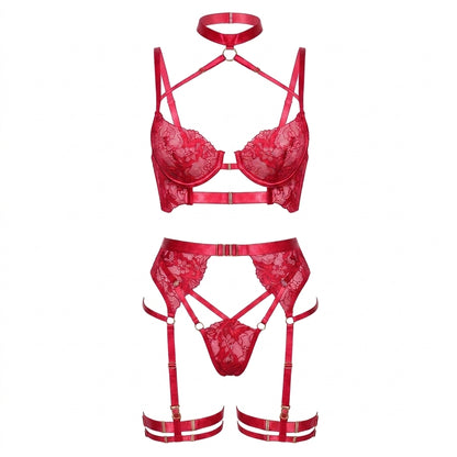 Embroidered Criss Cross Mesh Lingerie Set 4 Piece Collection