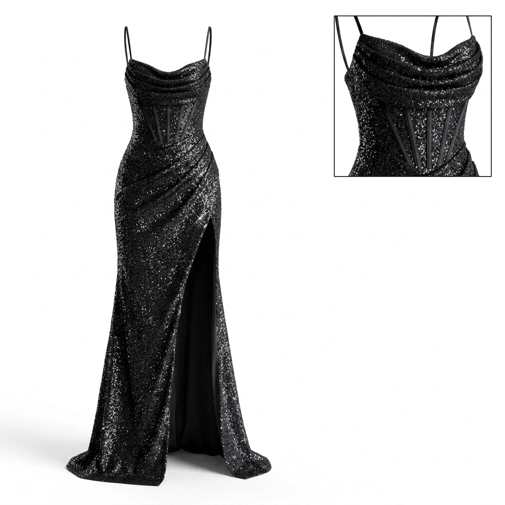 Spaghetti Strap Cowl Neck Corset Glitter High Slit Maxi Dress