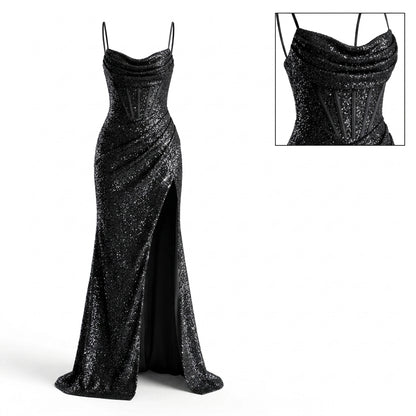 Spaghetti Strap Cowl Neck Corset Glitter High Slit Maxi Dress