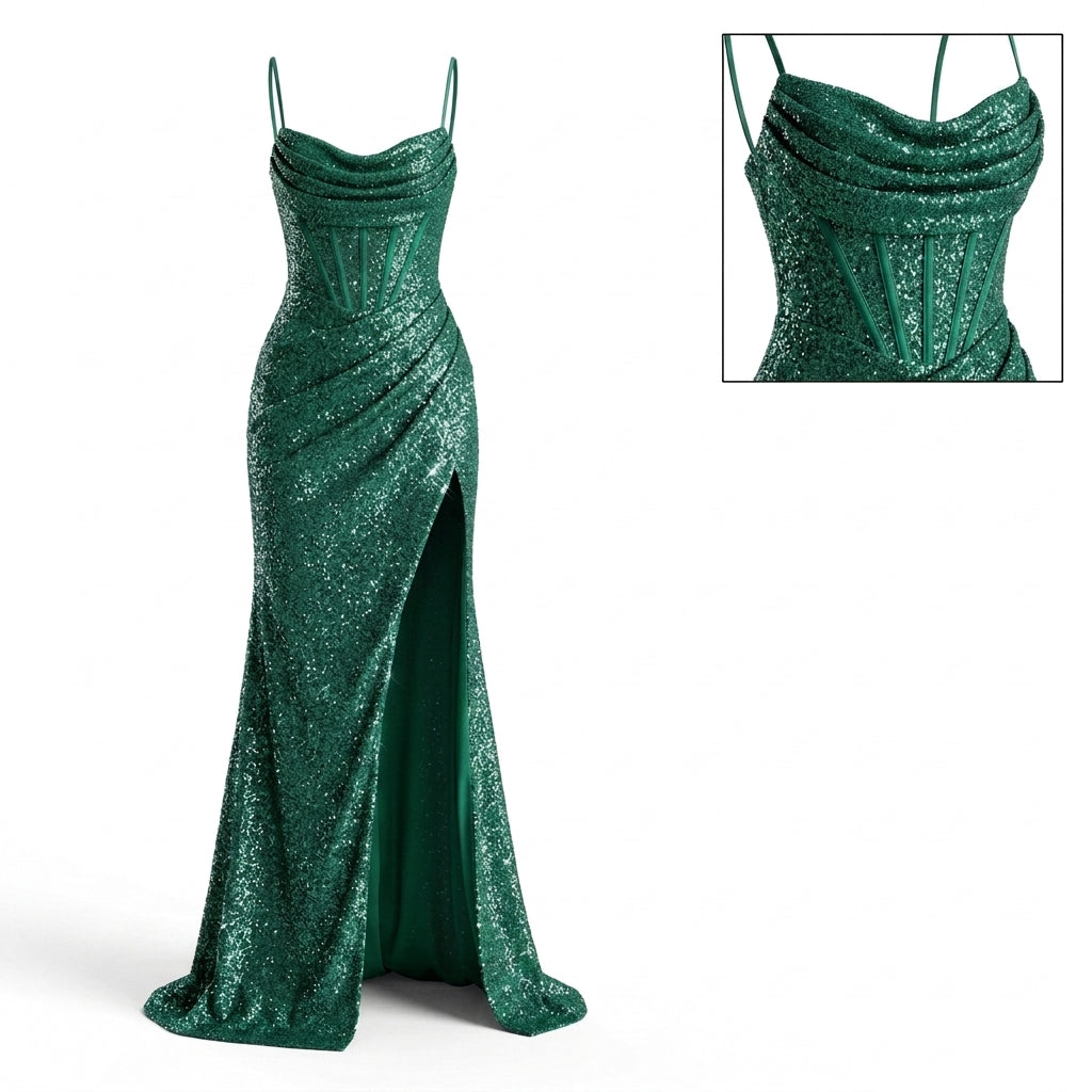 Spaghetti Strap Cowl Neck Corset Glitter High Slit Maxi Dress