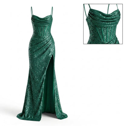 Spaghetti Strap Cowl Neck Corset Glitter High Slit Maxi Dress