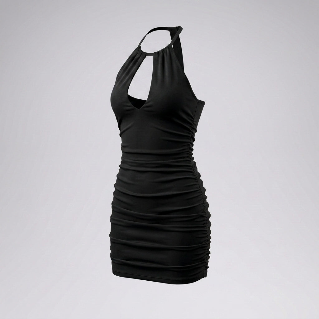 Halter Neck Front Cutout Ruched Bodycon Mini Dress