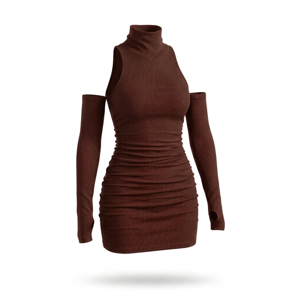Ribbed Mock Neck Sleeveless Mini Dress with Matching Sleeves