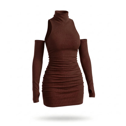 Ribbed Mock Neck Sleeveless Mini Dress with Matching Sleeves