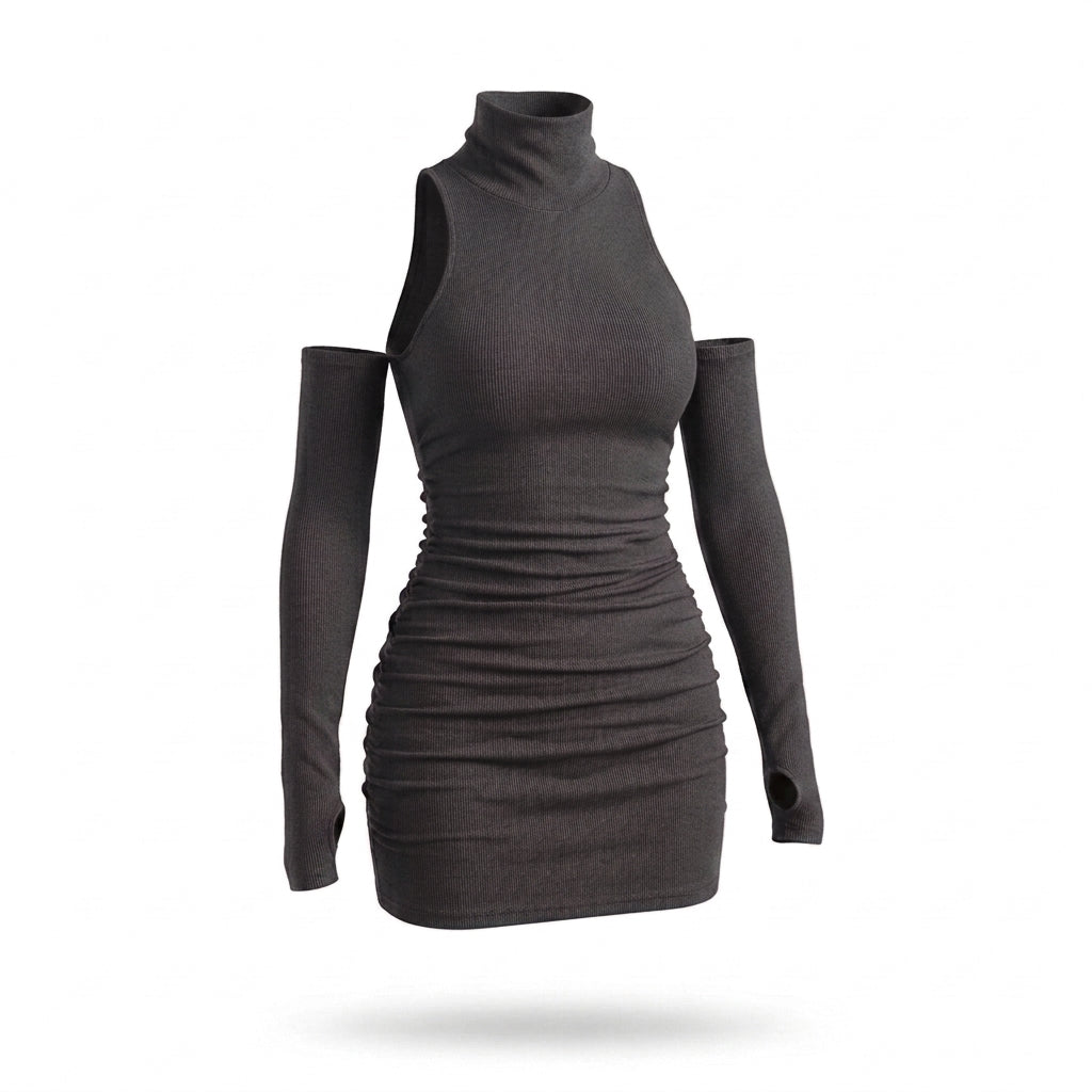 Ribbed Mock Neck Sleeveless Mini Dress with Matching Sleeves