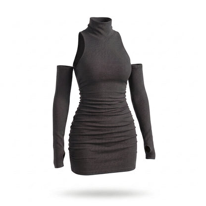 Ribbed Mock Neck Sleeveless Mini Dress with Matching Sleeves