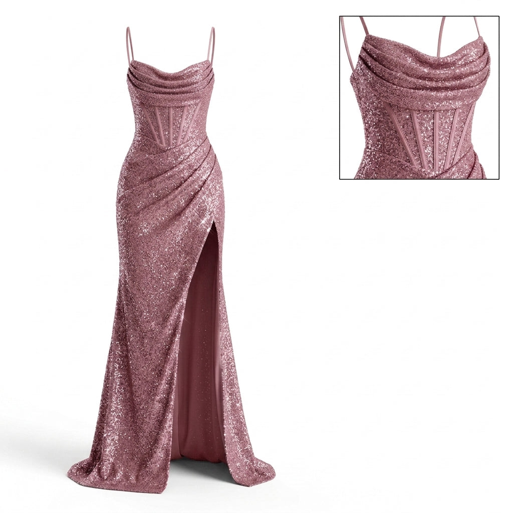 Spaghetti Strap Cowl Neck Corset Glitter High Slit Maxi Dress