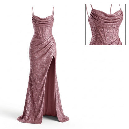 Spaghetti Strap Cowl Neck Corset Glitter High Slit Maxi Dress