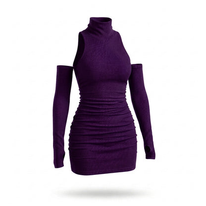 Ribbed Mock Neck Sleeveless Mini Dress with Matching Sleeves