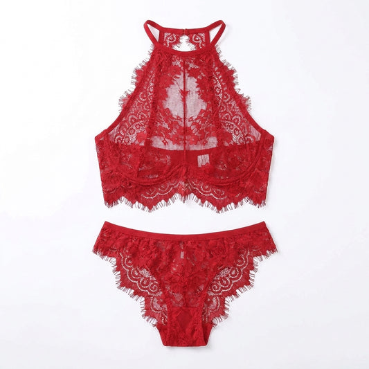 Embroidered Halter Bra and Panty Set
