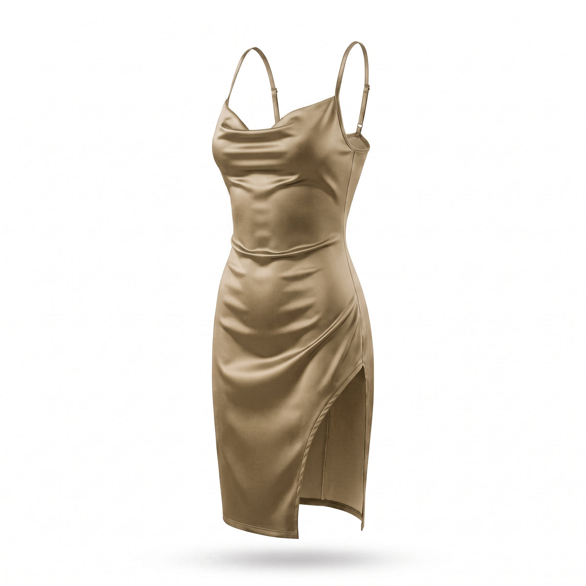 Satin Cowl Neck Ruched Side Slit Mini Dress