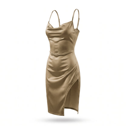 Satin Cowl Neck Ruched Side Slit Mini Dress