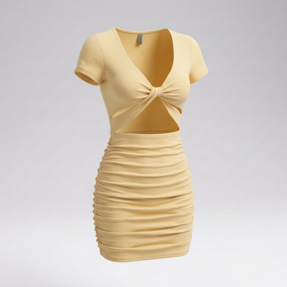 Short Sleeve Twist Front Cutout Ruched Mini Dress