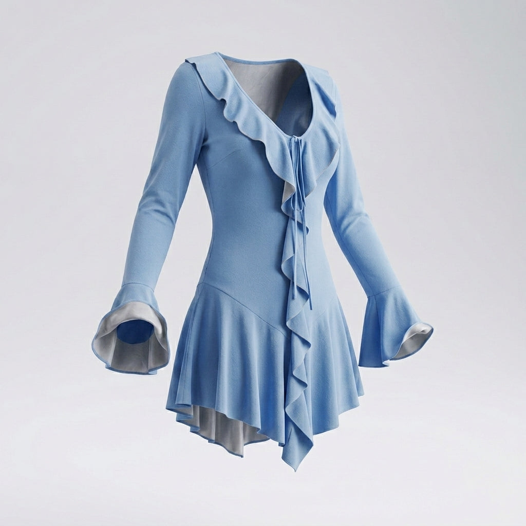 Long Sleeve Ruffle Trim Tie Front Mini Dress