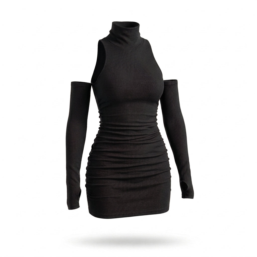 Ribbed Mock Neck Sleeveless Mini Dress with Matching Sleeves