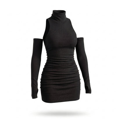 Ribbed Mock Neck Sleeveless Mini Dress with Matching Sleeves